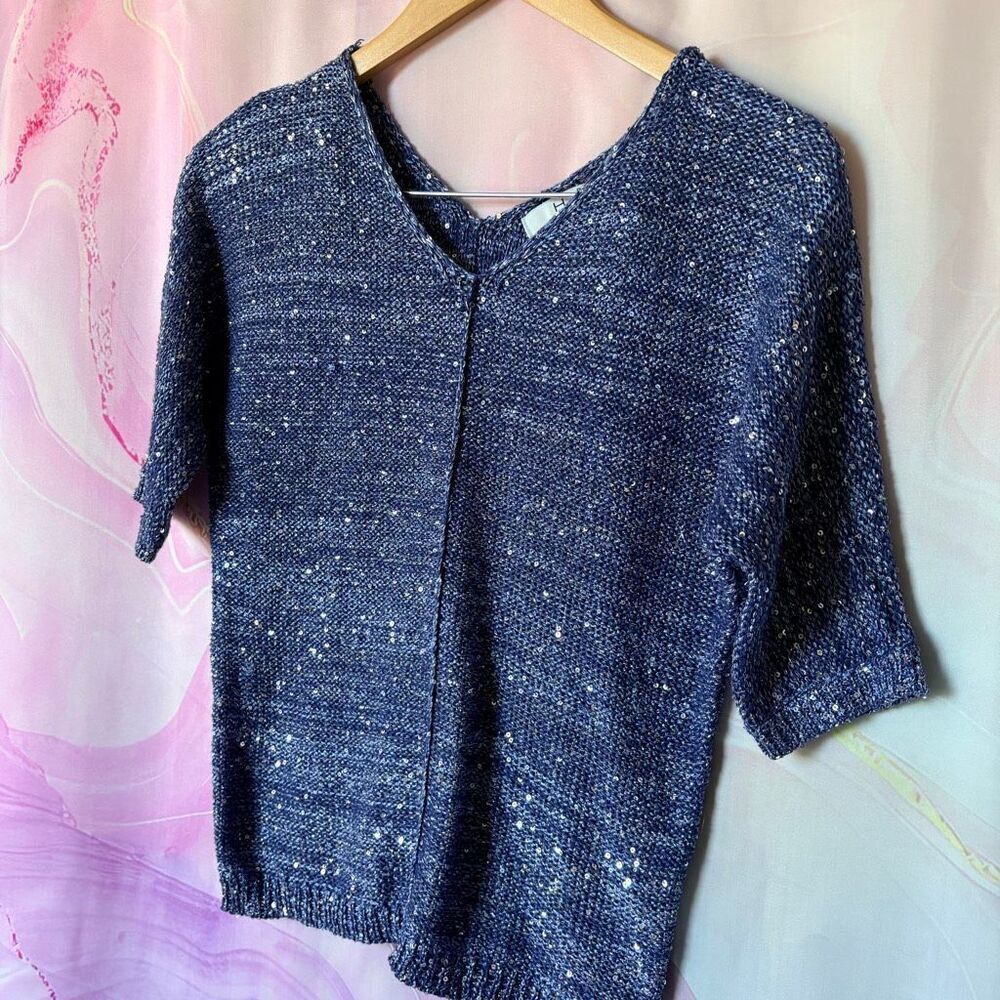 H by Halston S Blue Knit Silver Sequin Sweater Luxury Preppy Artsy Glam Event